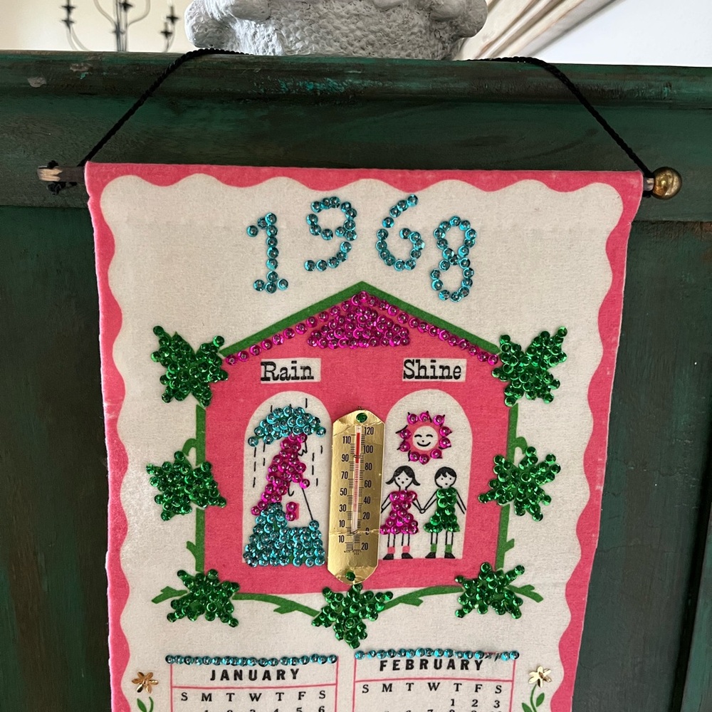 Sequined Pink Felt 1968 Calendar with Thermostat Wall Decor